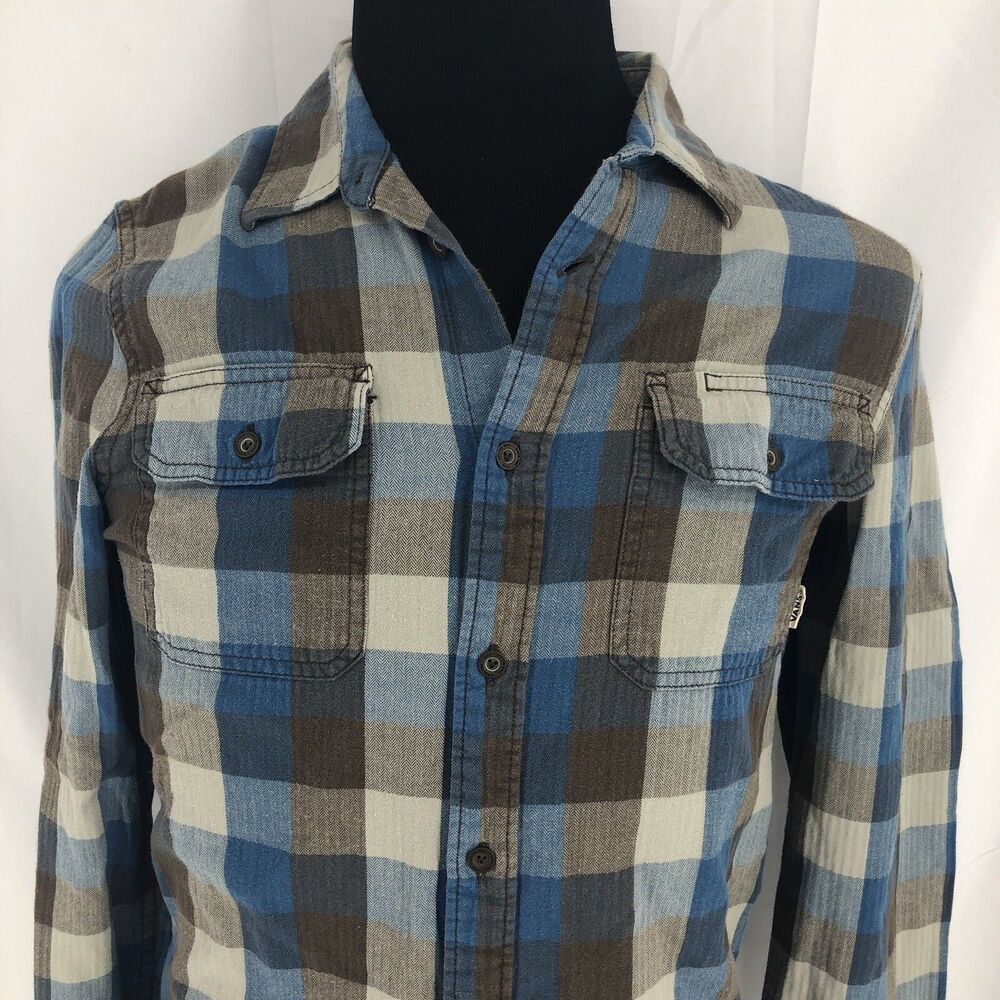 VANS Blue Brown Plaid Button Up Flannel Shirt Utility Slot Flap Pockets Small